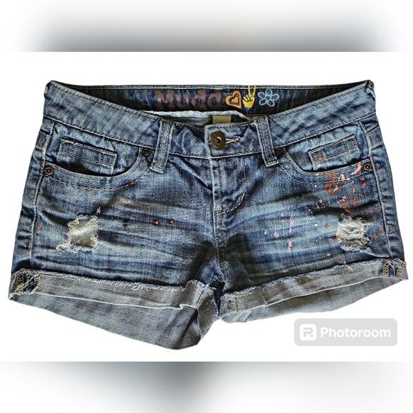 Womens Mudd Blue Jean Shorts Size 5 Pink Orange Paint Splatter - Picture 1 of 10